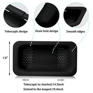 Collapsible Sink Colanders and Strainers Basket Extendable Plastic Fruit Vegetable Strainer Drainer Basket for Kitchen (Length 13.6 inch-18.7 inch) (Black)