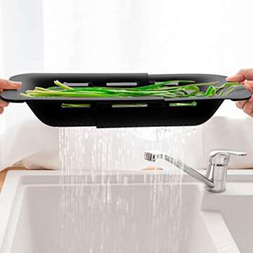 Collapsible Sink Colanders and Strainers Basket Extendable Plastic Fruit Vegetable Strainer Drainer Basket for Kitchen (Length 13.6 inch-18.7 inch) (Black)