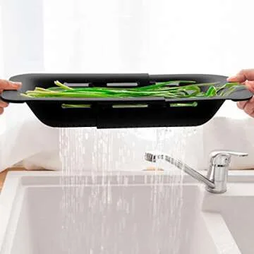 Collapsible Sink Colanders and Strainers Basket Extendable Plastic Fruit Vegetable Strainer Drainer Basket for Kitchen (Length 13.6 inch-18.7 inch) (Black)