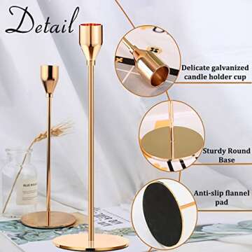 6PCS French Honey Gold Candle Holders,Set of 6 Tall Taper Candlestick fit for 3/4" Thick Pillar Candle&Led Modern Metal Candle Stands Decorative Table Centerpieces for Dinning Party Church,Decorative