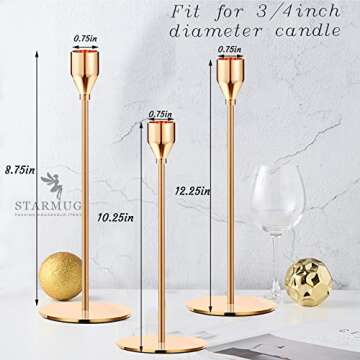 6PCS French Honey Gold Candle Holders,Set of 6 Tall Taper Candlestick fit for 3/4" Thick Pillar Candle&Led Modern Metal Candle Stands Decorative Table Centerpieces for Dinning Party Church,Decorative