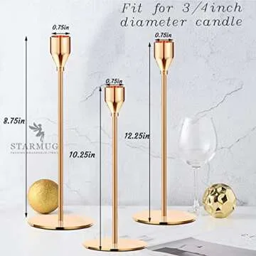 6PCS French Honey Gold Candle Holders,Set of 6 Tall Taper Candlestick fit for 3/4" Thick Pillar Candle&Led Modern Metal Candle Stands Decorative Table Centerpieces for Dinning Party Church,Decorative