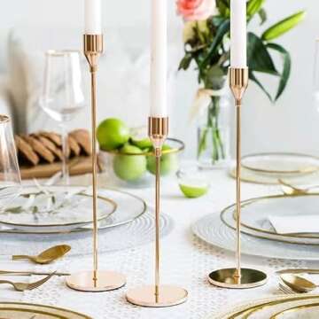 6PCS French Honey Gold Candle Holders,Set of 6 Tall Taper Candlestick fit for 3/4" Thick Pillar Candle&Led Modern Metal Candle Stands Decorative Table Centerpieces for Dinning Party Church,Decorative