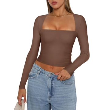 REORIA Women’s Fall Sexy Square Neck Long Sleeve Crop Top - Versatile Y2K Style