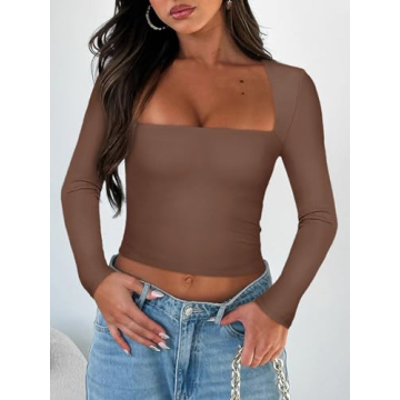 Flattering REORIA Women's Square Neck Long Sleeve Crop Top