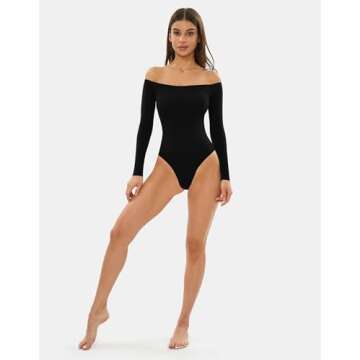 NEWVISISTER Women Seamless Off Shoulder Bodysuit Long Sleeve Tops T Shirt Jumpsuit Classy Collection, Black, Medium-Large