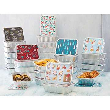 Set of 36 Christmas Treat Foil Containers - 6 Holiday Designs, Snowman & Santa Festive Cover Print -...