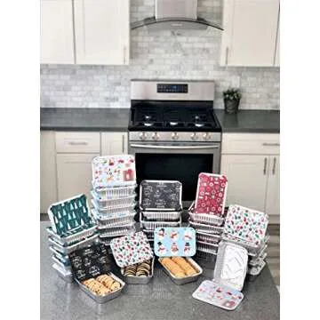 Set of 36 Christmas Treat Foil Containers - 6 Holiday Designs, Snowman & Santa Festive Cover Print - 7"L x 5"W x 1.5"D - Disposable Food Storage Pan for Party Leftovers or Cookie Exchange