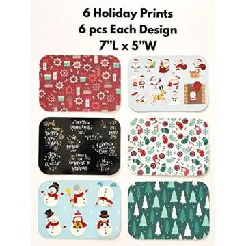 Set of 36 Christmas Treat Foil Containers - 6 Holiday Designs, Snowman & Santa Festive Cover Print - 7"L x 5"W x 1.5"D - Disposable Food Storage Pan for Party Leftovers or Cookie Exchange