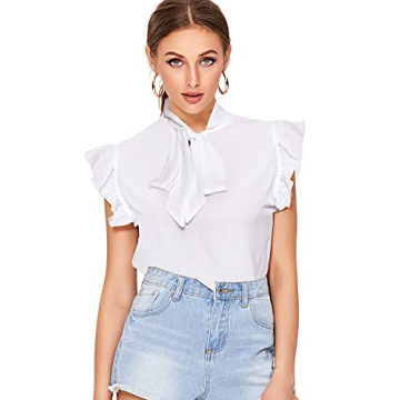 Romwe Women's Casual Ruffle Trim Bow Tie Blouse Top White