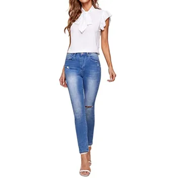 Romwe Women's Casual Ruffle Trim Bow Tie Blouse Top White