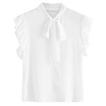 Romwe Women's Casual Ruffle Trim Bow Tie Blouse Top White