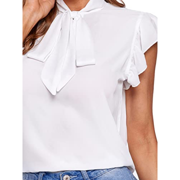 Romwe Women's Casual Ruffle Trim Bow Tie Blouse Top White