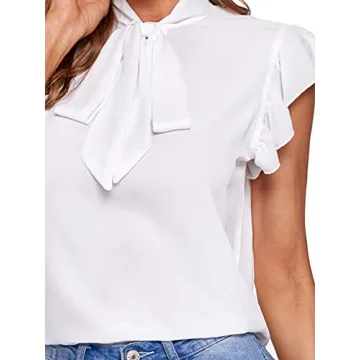 Romwe Women's Casual Ruffle Trim Bow Tie Blouse Top White