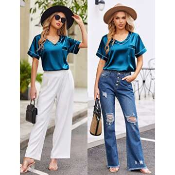 Ekouaer Short Sleeve Silk Pajama Set for Women