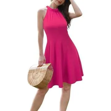 OUGES Women's 2025 Summer Fashion Pink Halter Neck Sleeveless Tie Back Swing A-Line Sundress Beach Vacation Dress(Hot Pink,XL)