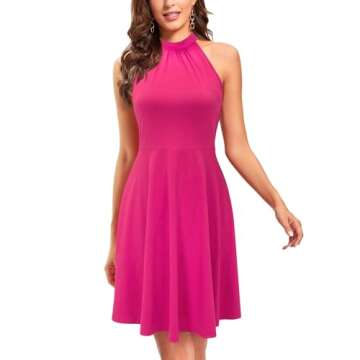 OUGES Women's 2025 Summer Fashion Pink Halter Neck Sleeveless Tie Back Swing A-Line Sundress Beach Vacation Dress(Hot Pink,XL)
