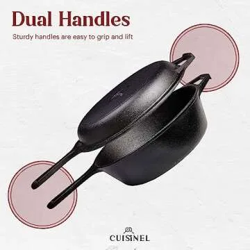 Cuisinel Cast Iron Skillet + Lid - 2-In-1 Multi Cooker - Deep Pot + Frying Pan - 3-Qt Dutch Oven - Pre-Seasoned Oven Cookware - Works for Bread, Indoor/Outdoor, Grill, Stovetop and Induction