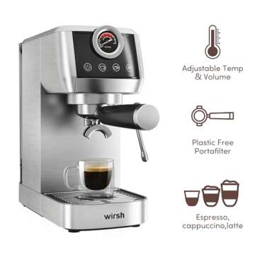 wirsh Espresso Machine, 20Bar Plastic Free Espresso Maker with Stainless Steel Tamper,Steamer,Expresso Coffee Machine for Espresso,Latte,Cappuccino,Touch Screen with Pressue Gauge(Home Barista Plus)