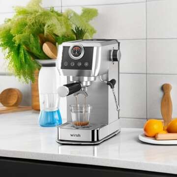 wirsh Espresso Machine, 20Bar Plastic Free Espresso Maker with Stainless Steel Tamper,Steamer,Expresso Coffee Machine for Espresso,Latte,Cappuccino,Touch Screen with Pressue Gauge(Home Barista Plus)