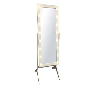 eHomeProducts White Finish LED Lights Wooden Cheval Bedroom Floor Mirror Stand Hollywood Style Makeup Mirror
