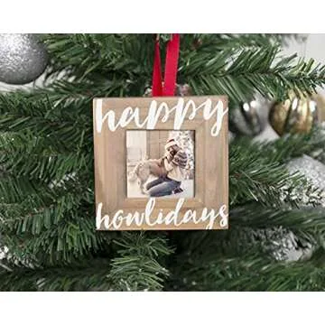 Pearhead Happy Howlidays Wooden Christmas Photo Ornament, Rustic Dog Picture Frame Christmas Tree Ke...