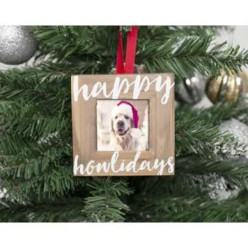 Pearhead Happy Howlidays Wooden Christmas Photo Ornament, Rustic Dog Picture Frame Christmas Tree Keepsake