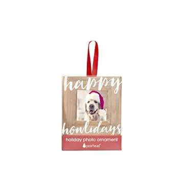 Pearhead Happy Howlidays Wooden Christmas Photo Ornament, Rustic Dog Picture Frame Christmas Tree Keepsake