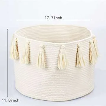 ABETREE Tassel Woven Storage Laundry Basket 17.7" x 11.8" with Handle Cotton Hamper Nursery Basket Blanket Baby Toy Storage Organizer