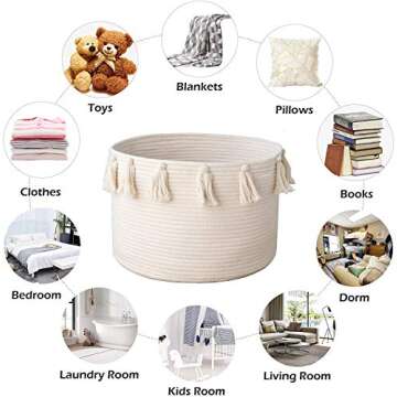 ABETREE Tassel Woven Storage Laundry Basket 17.7" x 11.8" with Handle Cotton Hamper Nursery Basket Blanket Baby Toy Storage Organizer