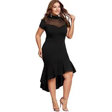 Milumia Women's Plus Size Elegant Mesh Frill Ruffle Round Neck Pencil Party Cocktail Dress Black 3X-Large Plus