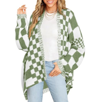 Saodimallsu Women's Checkered Sweater Color Block Plaid Cardigans Oversized Long Sleeve Knit Open Fr...