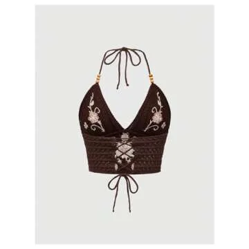 SHENHE Women's Open Back Knitted Halter Crop Top Tie Backless Embroidered Hippie Top Brown Floral Me...