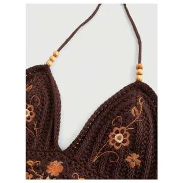 SHENHE Women's Open Back Knitted Halter Crop Top Tie Backless Embroidered Hippie Top Brown Floral Medium