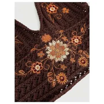 SHENHE Women's Open Back Knitted Halter Crop Top Tie Backless Embroidered Hippie Top Brown Floral Medium
