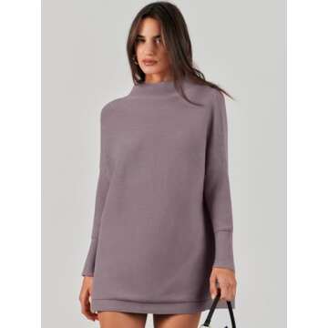 ANRABESS Women Oversized Casual Loose Turtleneck Long Sleeve Slouchy Baggy Knit Tunic Sweaters Pullover 2024 Fall Outfits Purple Large