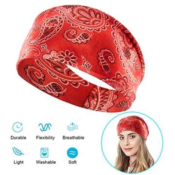 Carede Paisley Bandana Headbands for Women Wide Boho Headbands Elastic Hair Bands Running Sport Non Slip Sweat Head wraps,Pack of 8
