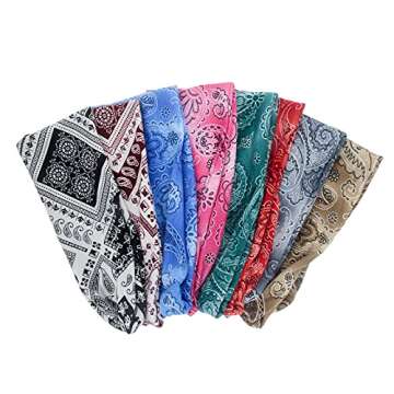 Carede Paisley Bandana Headbands for Women Wide Boho Headbands Elastic Hair Bands Running Sport Non Slip Sweat Head wraps,Pack of 8