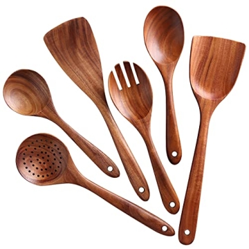 NAYAHOSE 6-Piece Teak Wooden Spoon Set - Eco-Friendly, Non-Scratch Kitchen Utensils