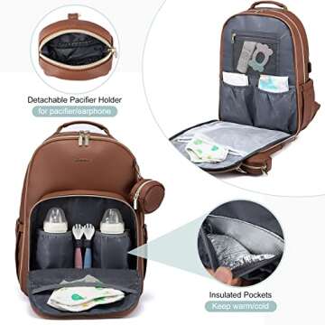 LOVEVOOK Leather Diaper Bag Backpack, Quilted Baby Bag with Changing Pad & Pacifier Holder, Waterproof Travel Diaper Bags for Baby Boys Girls, Stylish and Large Capacity, Brown