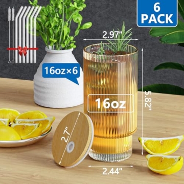 CWHHRN 16Oz Ribbed Glass Cups Set with Lids and Straws