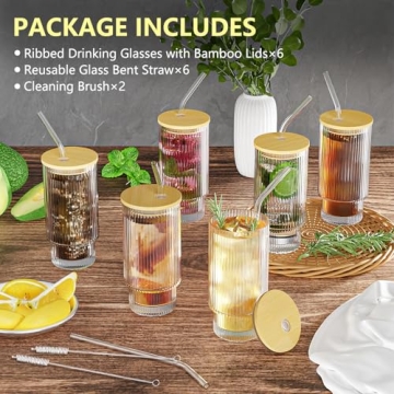 CWHHRN 16Oz Ribbed Glass Cups Set with Lids and Straws