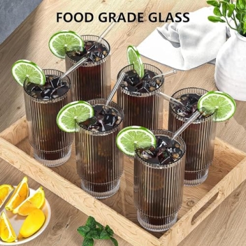 CWHHRN 16Oz Ribbed Glass Cups Set with Lids and Straws