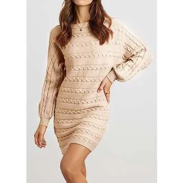 KIRUNDO Casual Loose Oversized Long Sleeve Tunic Long Pullover Mini Sweaters Dress 2024 Fall Outfits for Women(Beige Apricot, Medium)