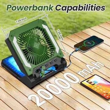 20000mAh Rechargeable Solar Camping Fan with Led Lantern, 3 Adjustable Speeds Cordless Battery Powered Portable Fan,Timer & Hanging Hook, Quiet USB-C Desk Fan for Tent Hurricane Worksite (Green)