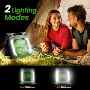 20000mAh Rechargeable Solar Camping Fan with Led Lantern, 3 Adjustable Speeds Cordless Battery Powered Portable Fan,Timer & Hanging Hook, Quiet USB-C Desk Fan for Tent Hurricane Worksite (Green)