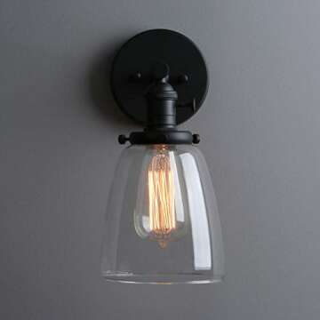 Phansthy Industrial Wall Sconce Light 1-Light Black Sconce with 5.5 Inches Dome Clear Glass Shade