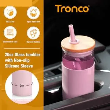 Tronco 20oz Glass Tumbler Glass Water Bottle Straw Silicone Protective Sleeve Bamboo Lid - BPA Free (Light Purple/1 Pack)