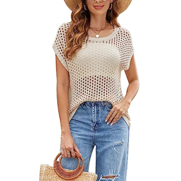 BMJL Women's Crochet Tops Summer Short Sleeve Beach Cover Up Knit Hollow Out Sexy See Through Tops