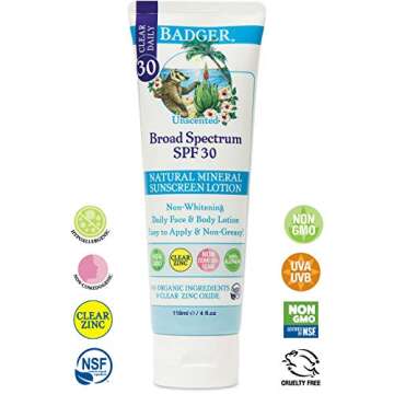 BADGER Unscented SPF30 Natural Mineral Sunscreen Lotion, 4 FZ